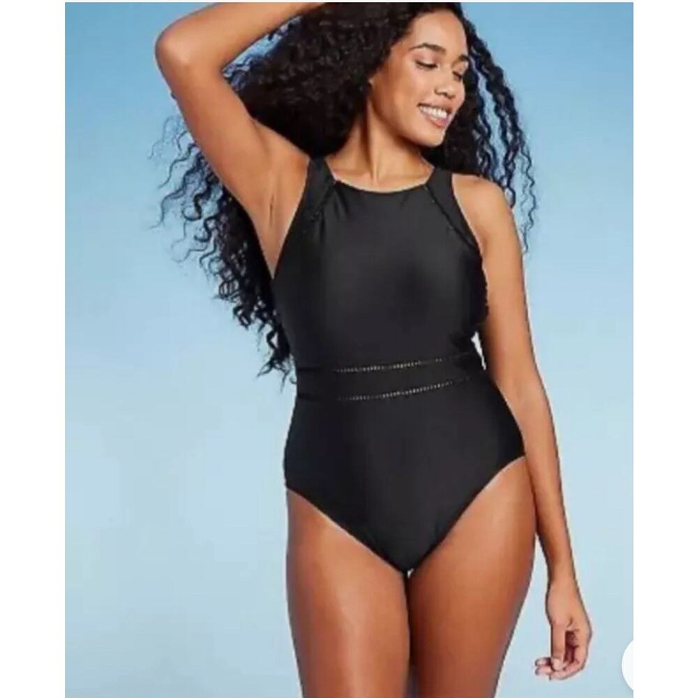 Shade & Shore Women's High Neck Medium Coverage One Piece Swimsuit - Black 16